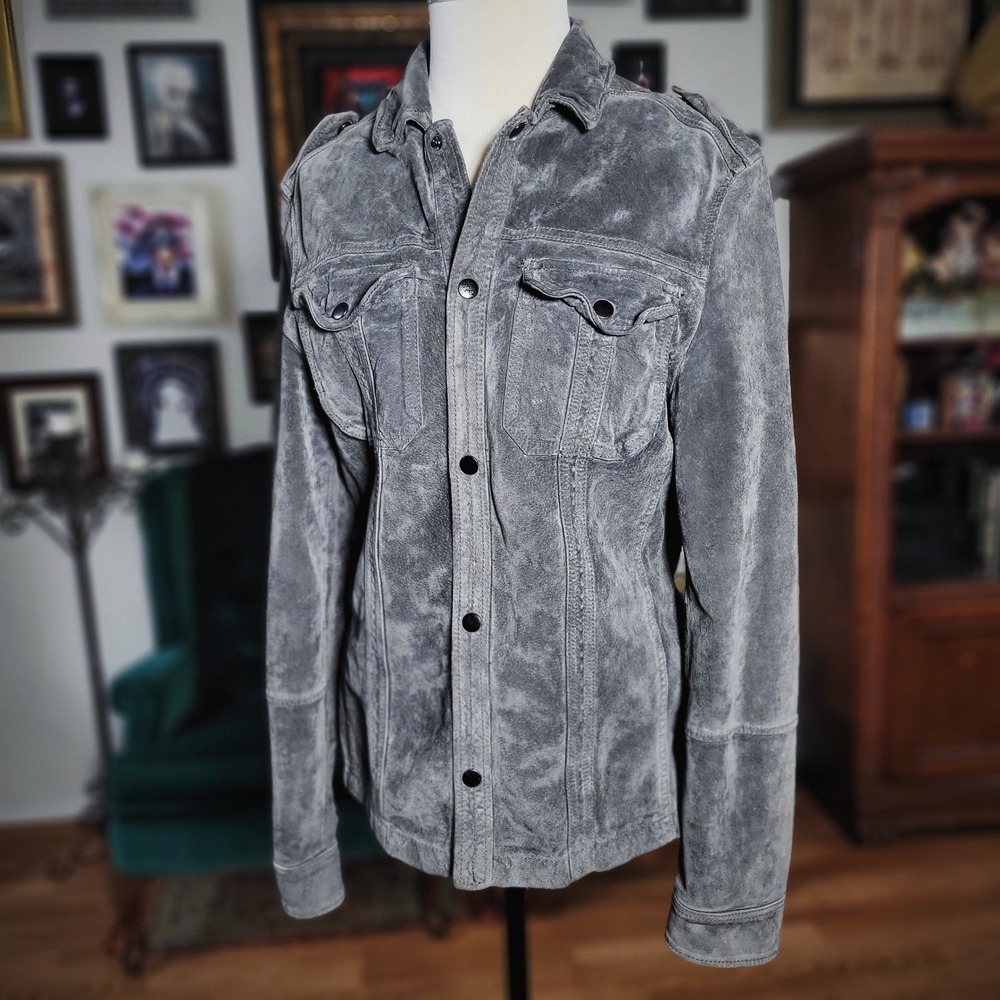 AllSaints Spitalfields Trucker Jacket Suede Leather Grey Mens XS Military Style